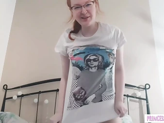 See this timid sandy-haired teenage with glasses drop while flashing off her raw fuckbox